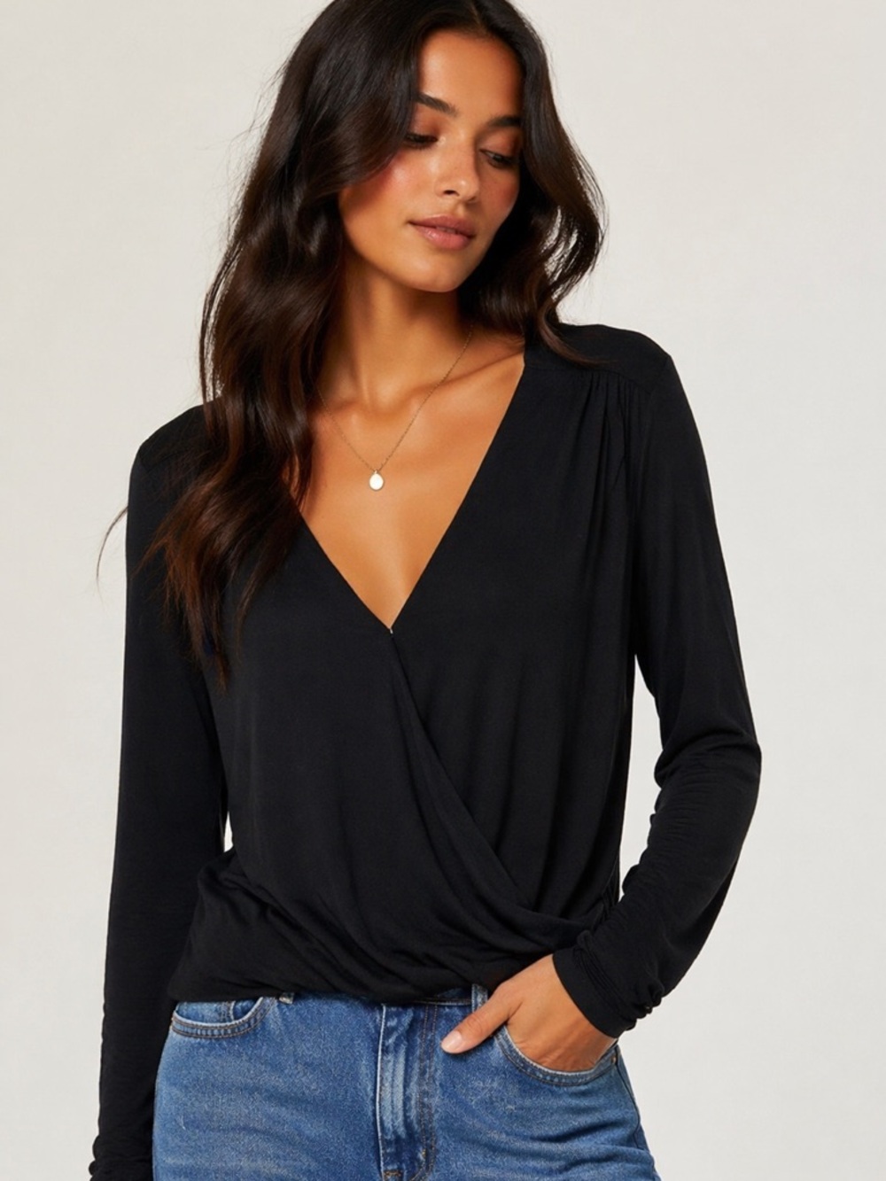 Banana Republic Black Draped V-Neck Blouse | Soft Stretch | Minimal Chic